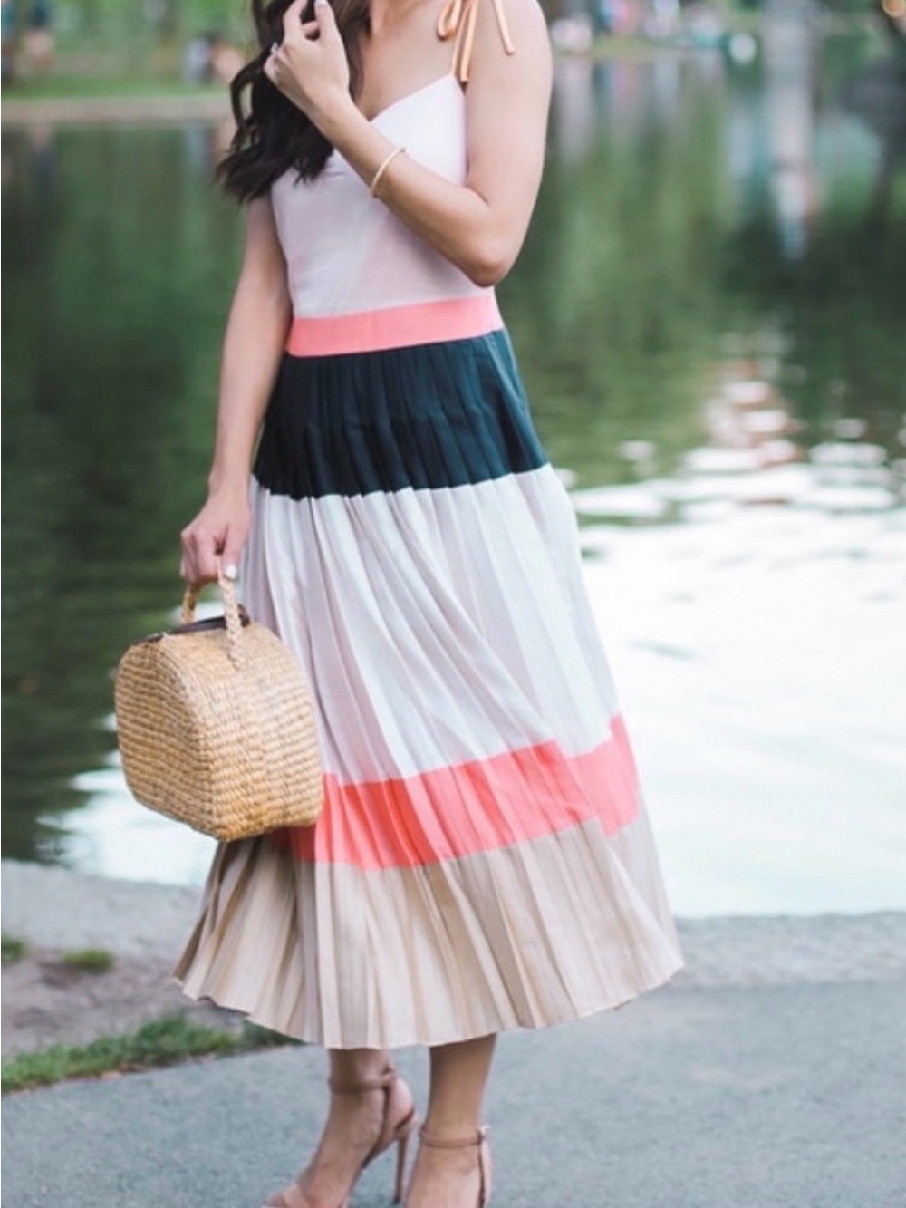 Banana Republic Pleated Colorblock Midi Skirt in Coral, Navy & Cream